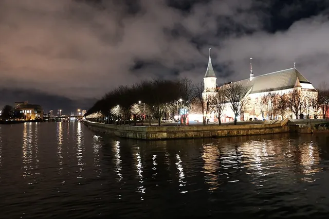 Kaliningrad, Russia, Pregolya River, Kant Island and the Cathedral at night