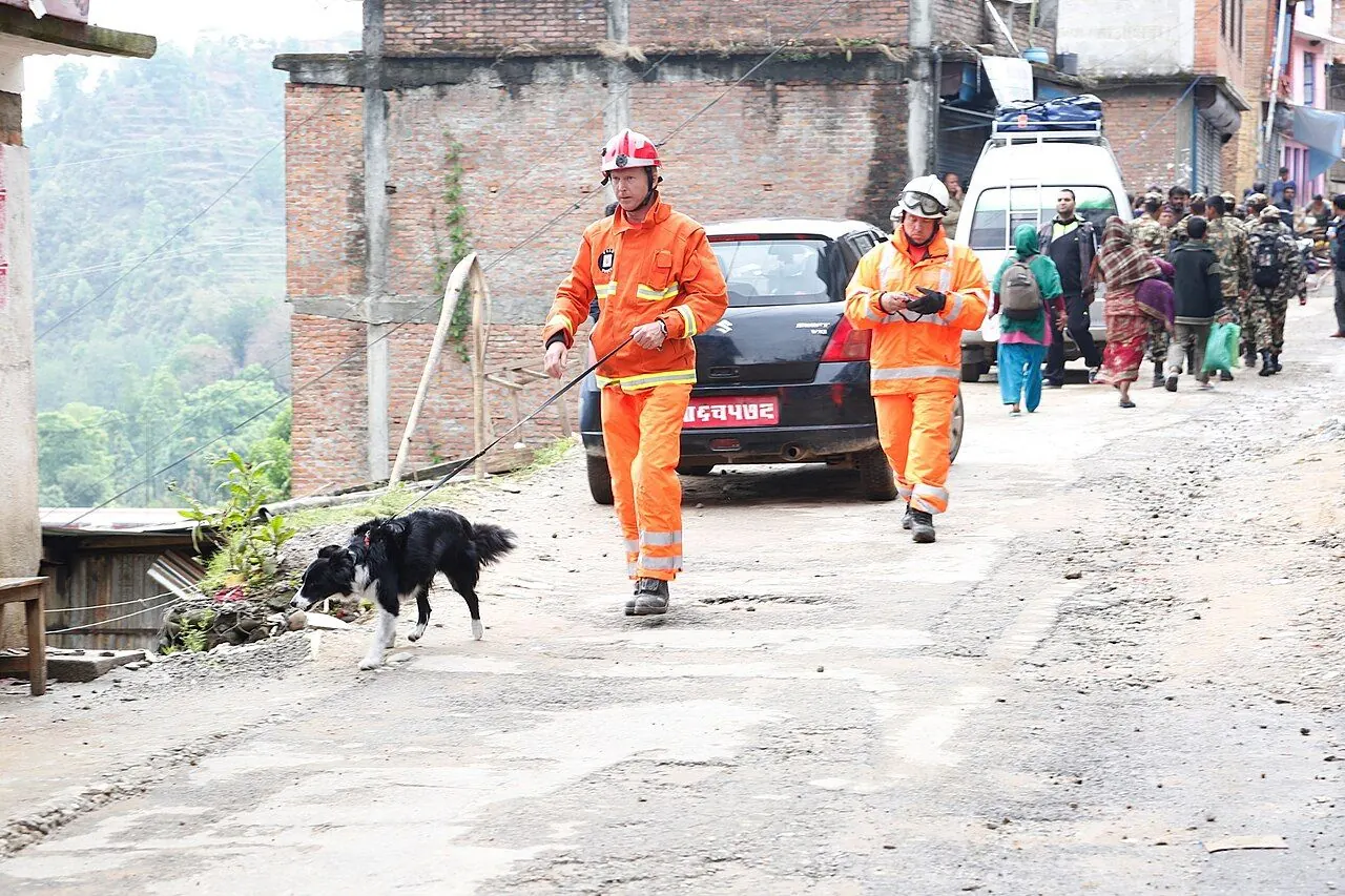 Rescue workers searching rubble after an earthquake